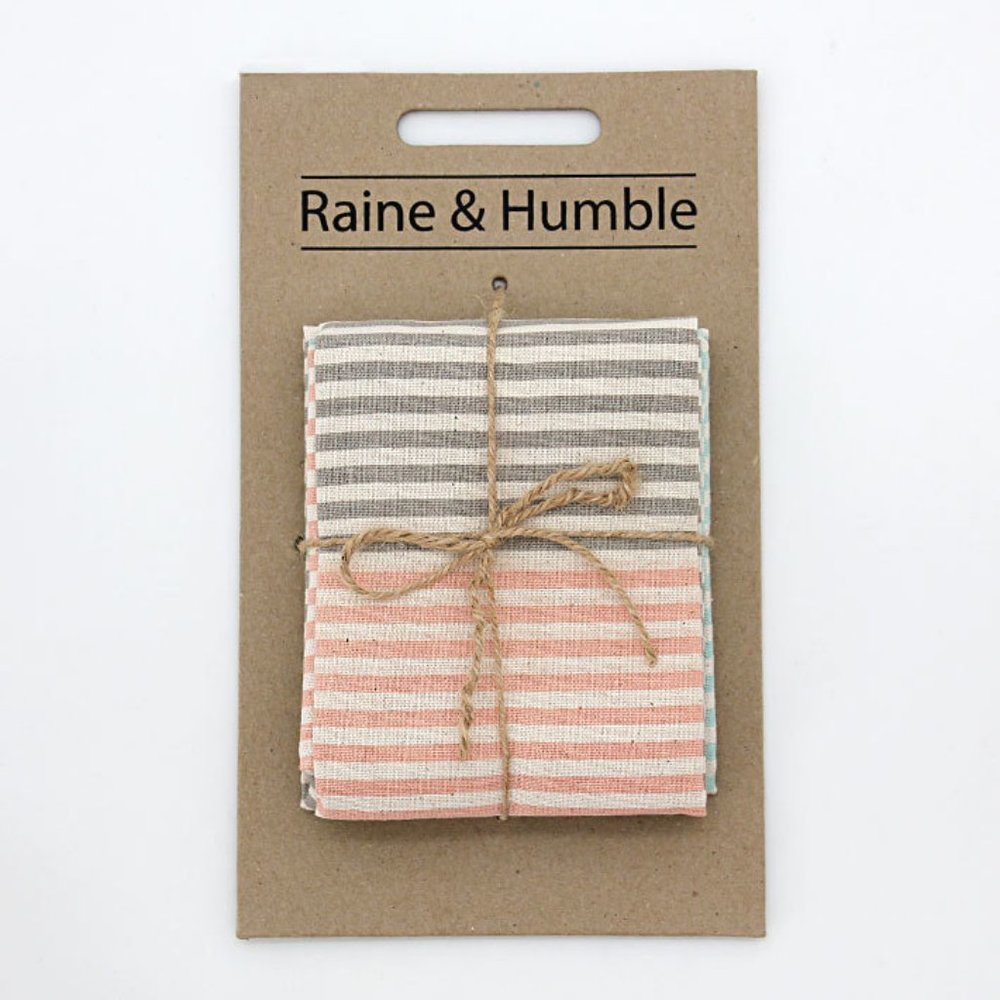 Two Kitchen Towel Set — Raine & Humble, Taupe w/ Pink Coral, & Aqua Stripes